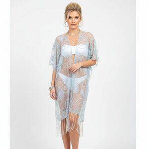 Crosstree Lane Gray Sheer Fringe Embroidered Floral Print Open Front Top OS